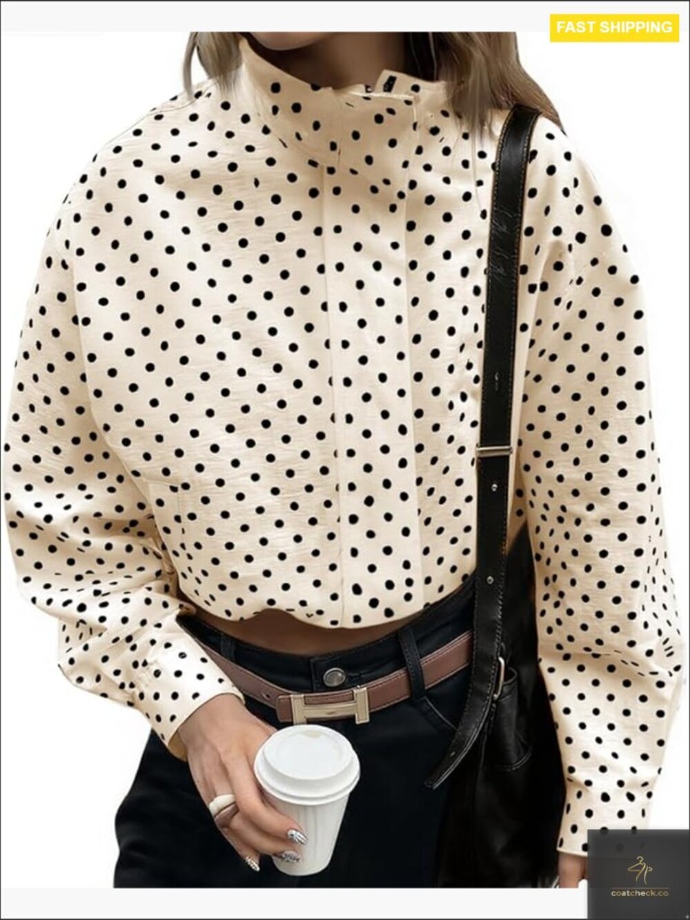 Cropped Zip Up Jacket Oversized Polka Dot Trendy Lightweight Casual Layering